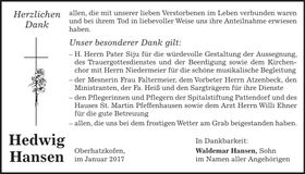 Traueranzeige Hedwig Hansen