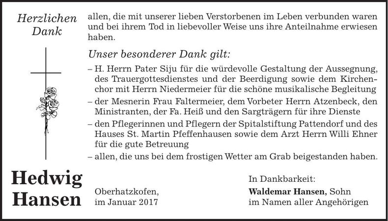 Traueranzeige Hedwig Hansen