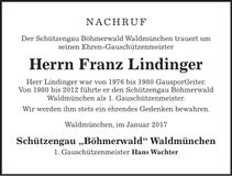 Traueranzeige Franz Lindinger