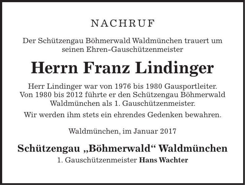 Traueranzeige Franz Lindinger