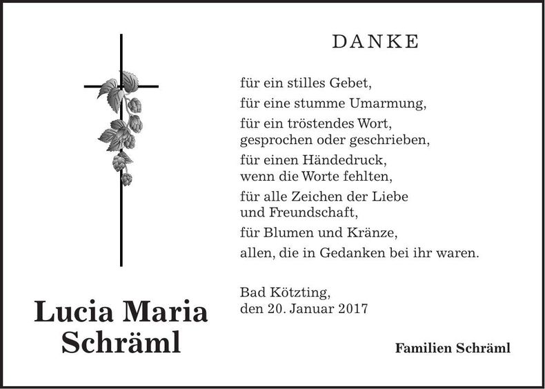 Traueranzeige Lucia Maria Schräml