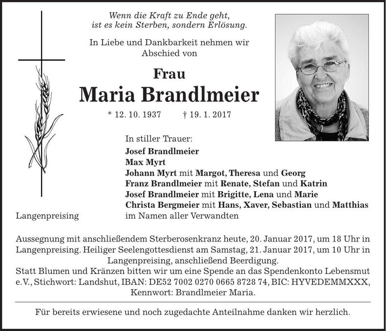 Traueranzeige Maria Brandlmeier
