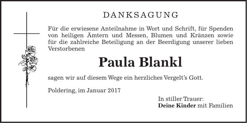 Traueranzeige Paula Blankl