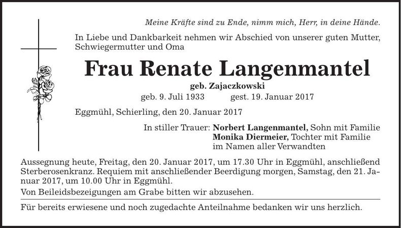 Traueranzeige Renate Langenmantel