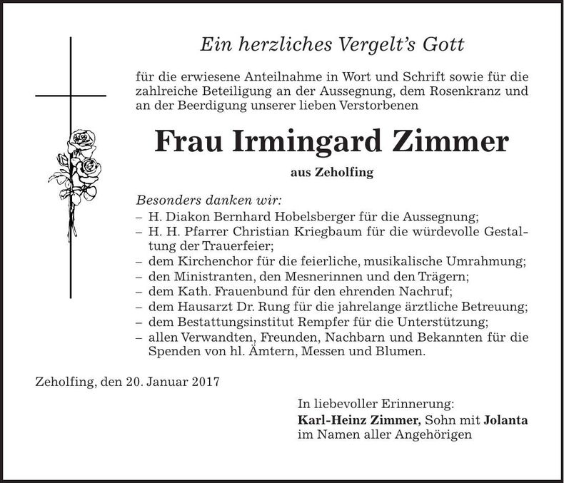 Traueranzeige Irmingard Zimmer