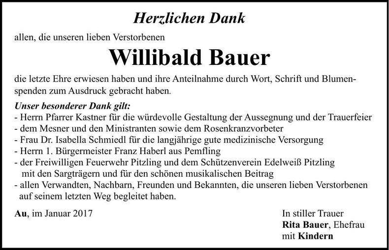 Traueranzeige Willibald Bauer