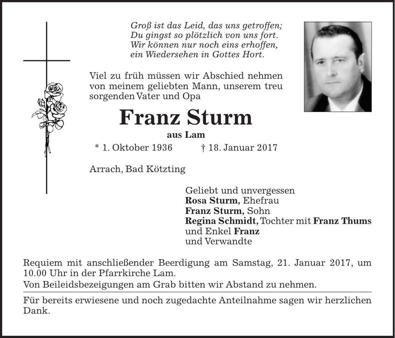 Traueranzeige Franz Sturm