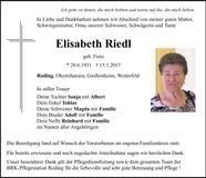 Traueranzeige Elisabeth Riedl