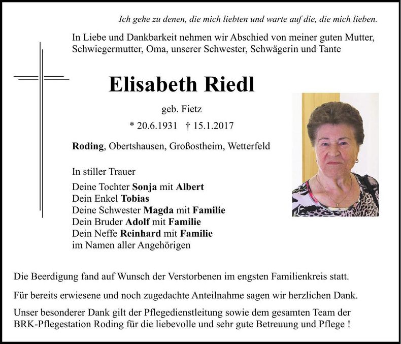 Traueranzeige Elisabeth Riedl