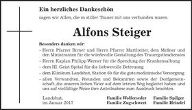 Traueranzeige Alfons Steiger