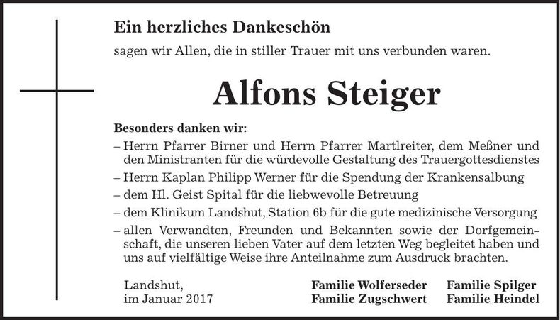 Traueranzeige Alfons Steiger