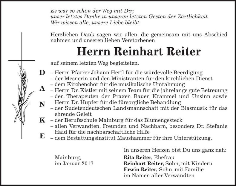 Traueranzeige Reinhart Reiter