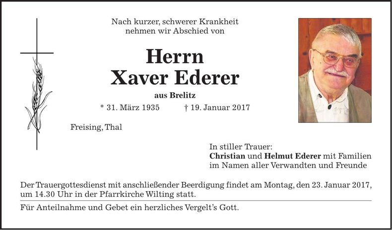 Traueranzeige Xaver Ederer
