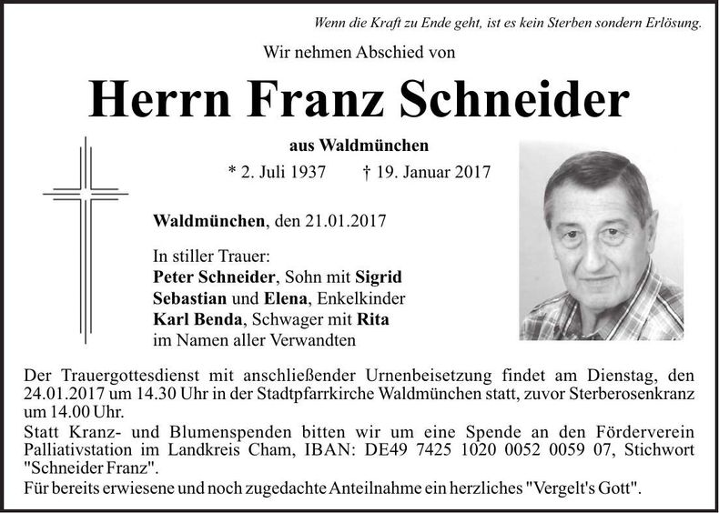 Traueranzeige Franz Schneider
