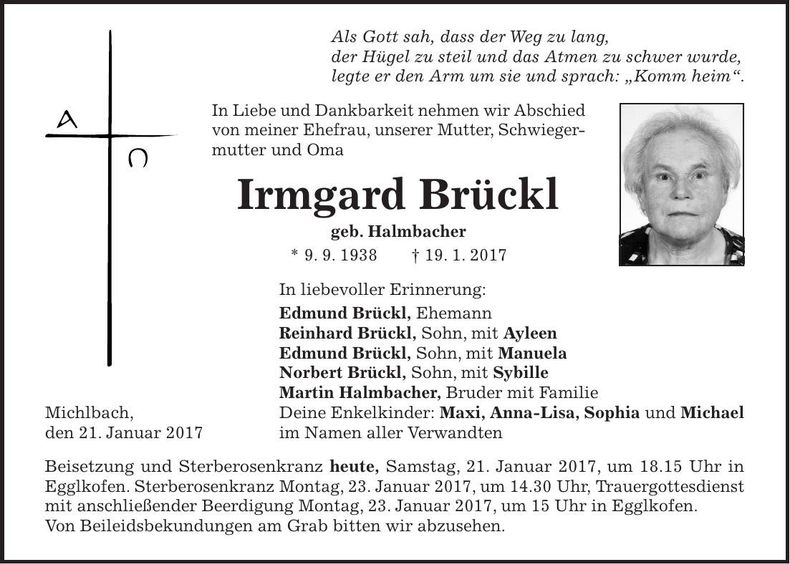 Traueranzeige Irmgard Brückl