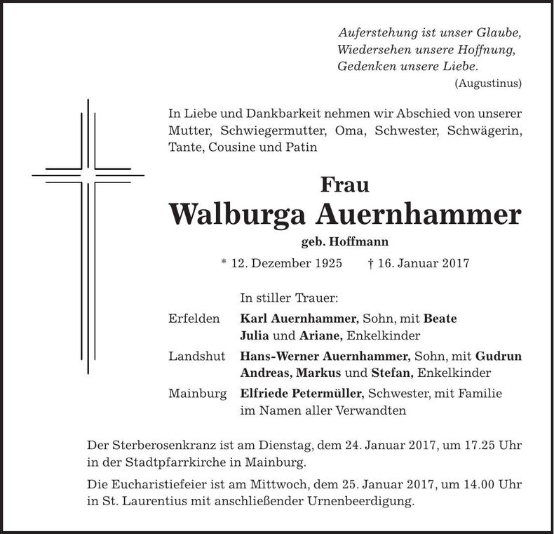 Traueranzeige Walburga Auernhammer