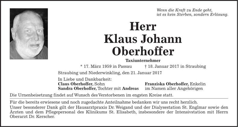 Traueranzeige Klaus Johann Oberhoffer