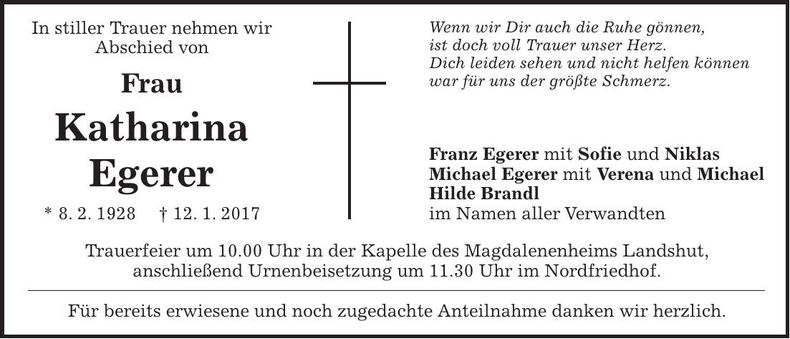 Traueranzeige Katharina Egerer