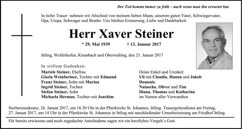 Traueranzeige Xaver Steiner