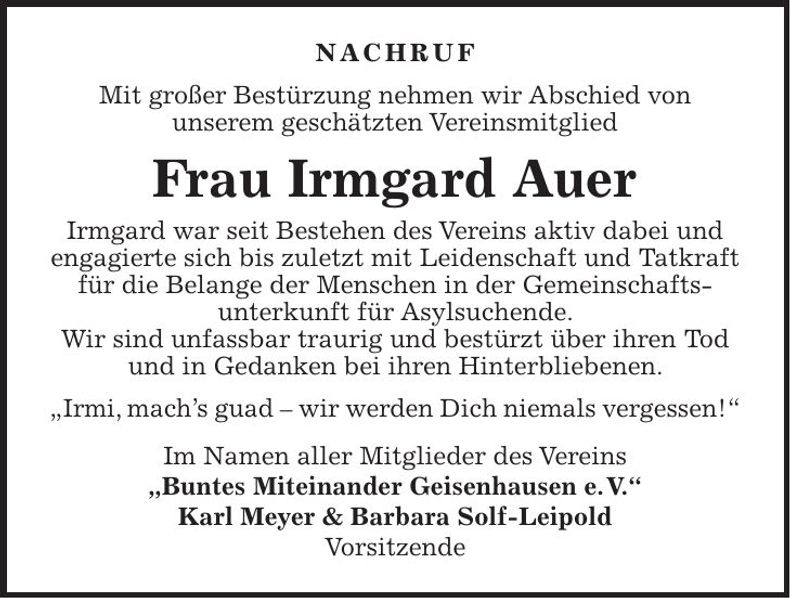 Traueranzeige Irmgard Auer