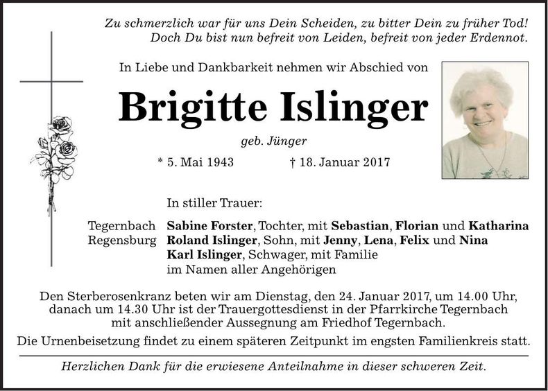 Traueranzeige Brigitte Islinger