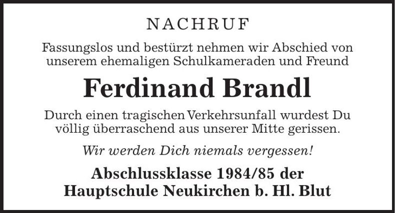 Traueranzeige Ferdinand Brandl