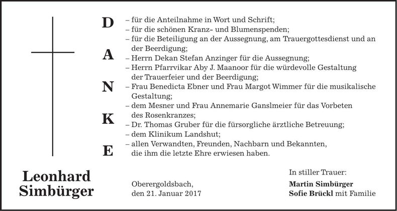 Traueranzeige Leonhard Simbürger