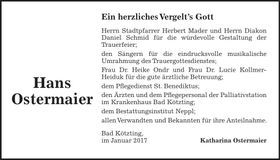 Traueranzeige Hans Ostermaier