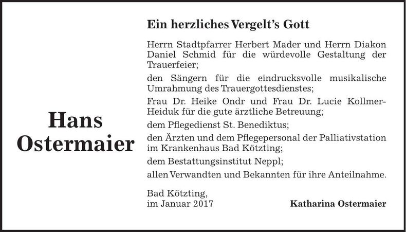 Traueranzeige Hans Ostermaier