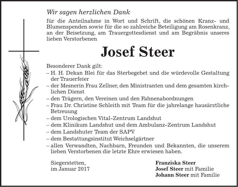 Traueranzeige Steer Josef