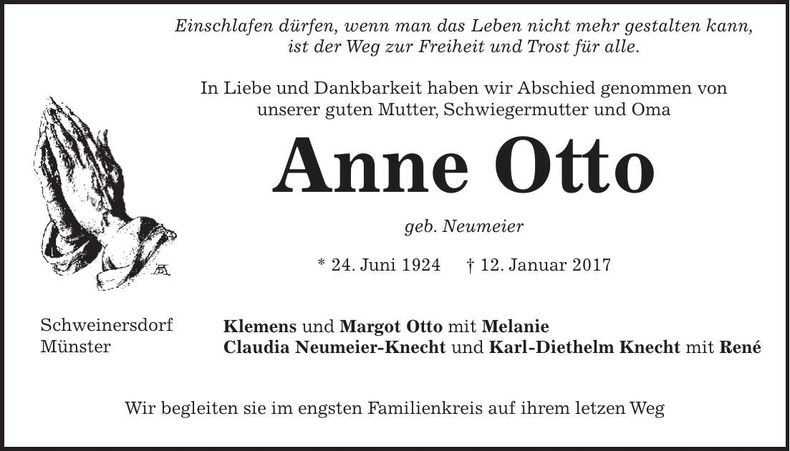 Traueranzeige Anne Otto