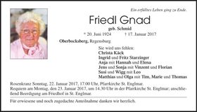 Traueranzeige Friedl Gnad