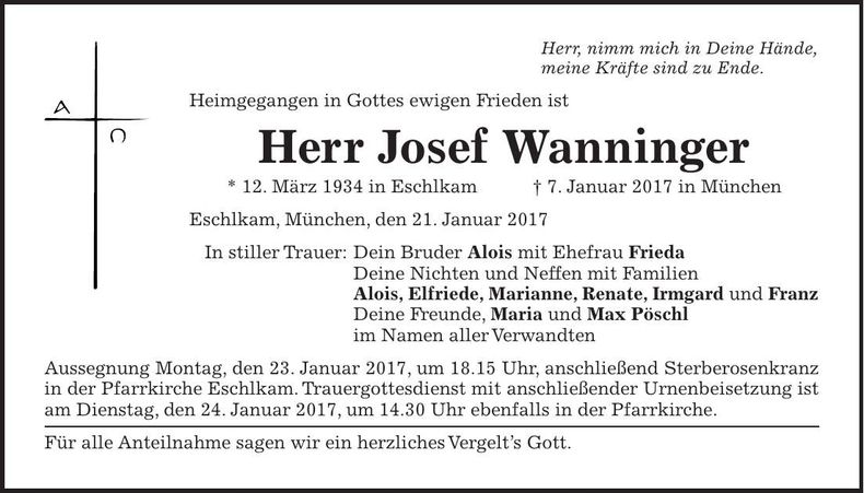 Traueranzeige Josef Wanninger