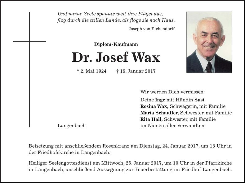 Traueranzeige Josef Wax