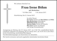 Traueranzeige Irene Böhm