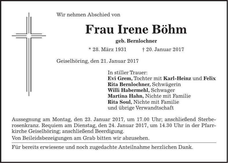 Traueranzeige Irene Böhm