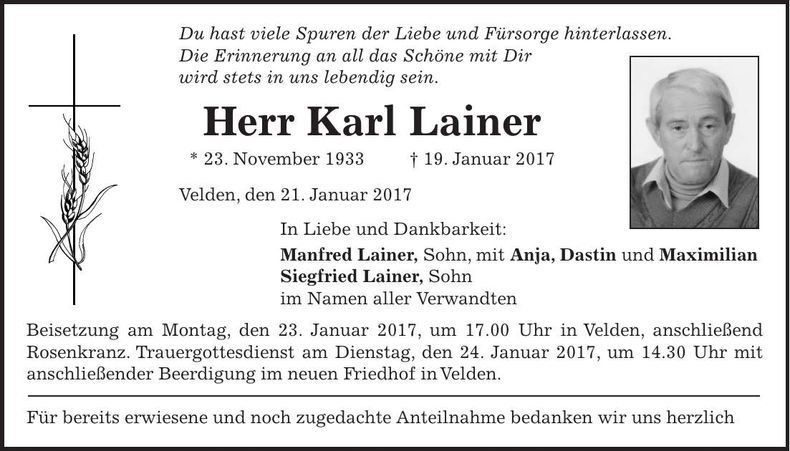 Traueranzeige Karl Lainer