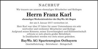 Traueranzeige Franz Karl