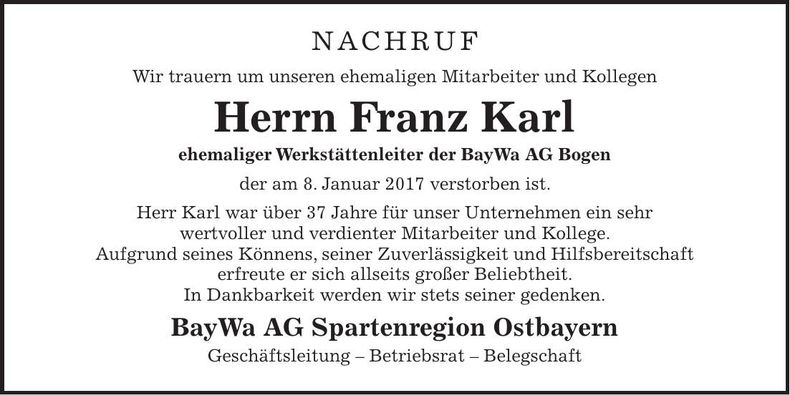 Traueranzeige Franz Karl