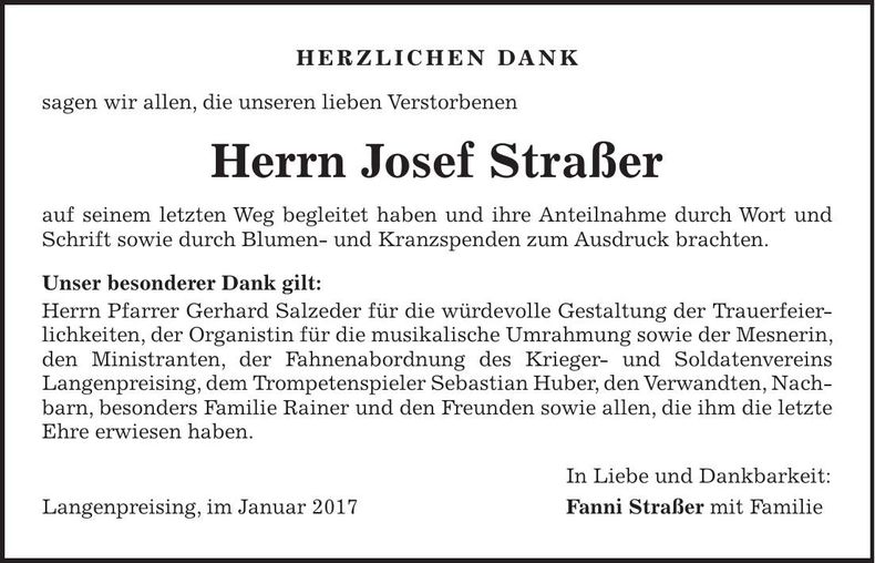 Traueranzeige Josef Straßer
