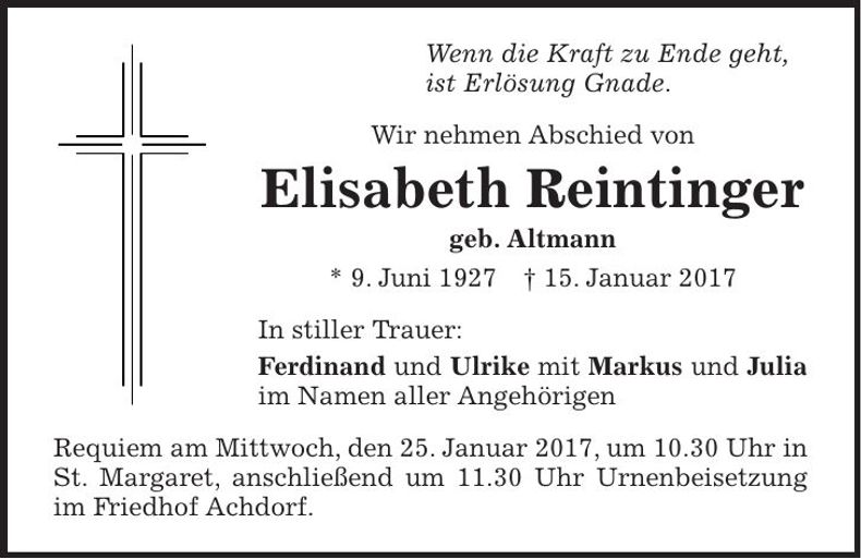 Traueranzeige Elisabeth Reintinger