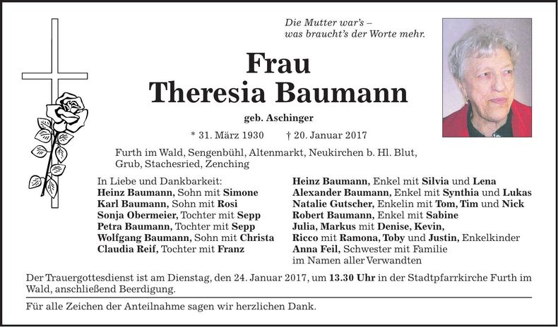 Traueranzeige Theresia Baumann