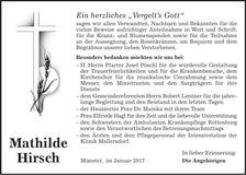 Traueranzeige Mathilde Hirsch