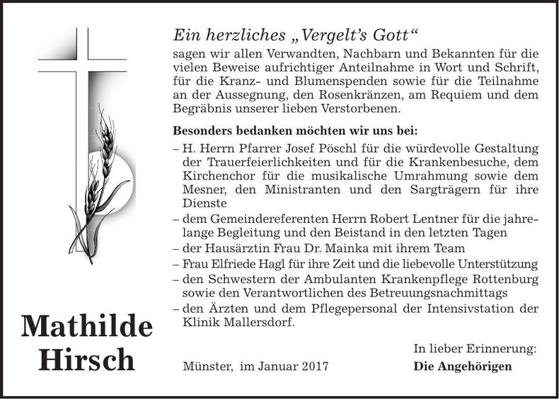 Traueranzeige Mathilde Hirsch