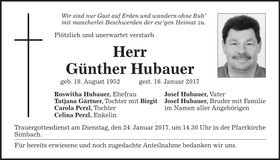 Traueranzeige Günther Hubauer