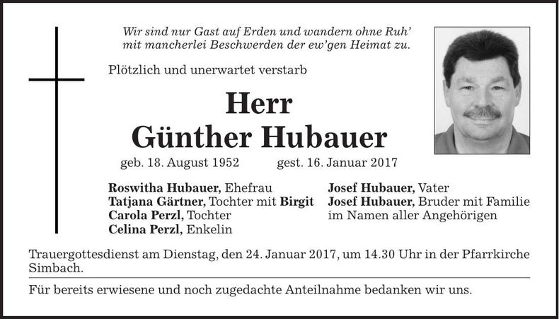 Traueranzeige Günther Hubauer