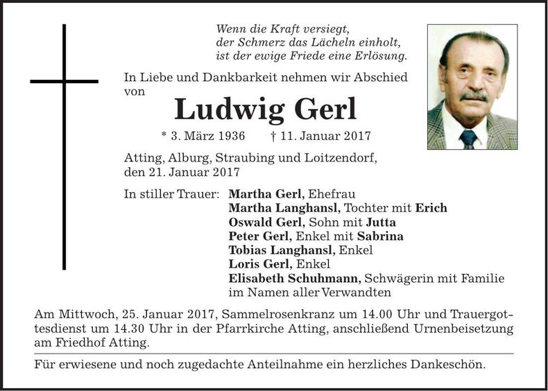 Traueranzeige Ludwig Gerl