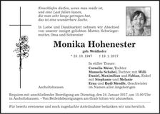 Traueranzeige Monika Hohenester