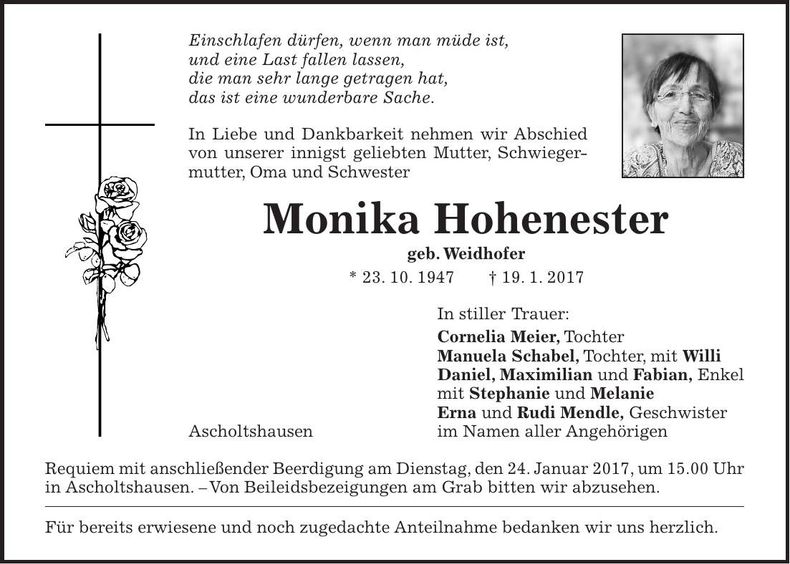 Traueranzeige Monika Hohenester