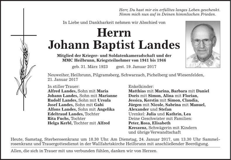 Traueranzeige Johann Baptist Landes